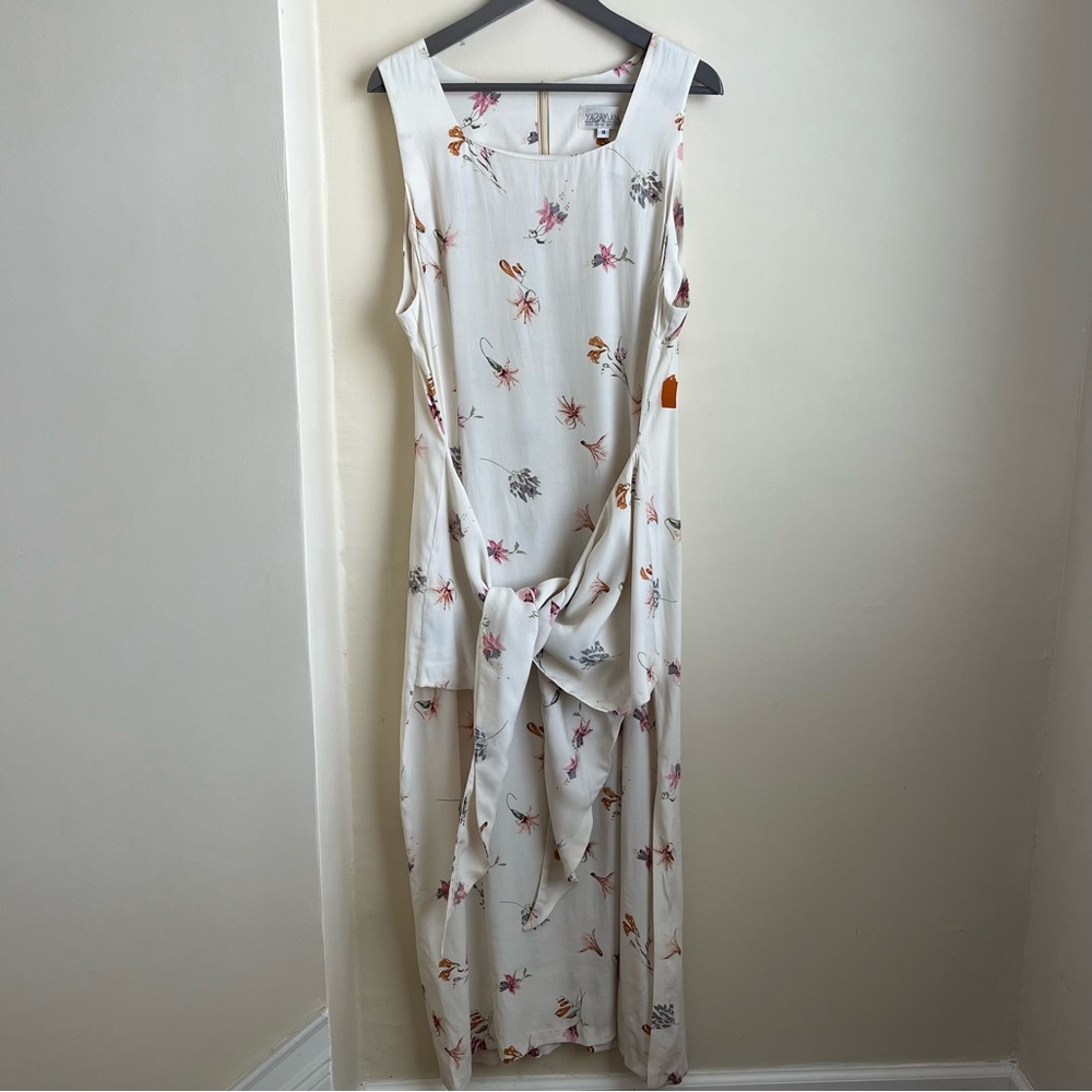 Yasaman Vintage Floral Sleeveless Tie-Waist Midi Dress White Sz 18